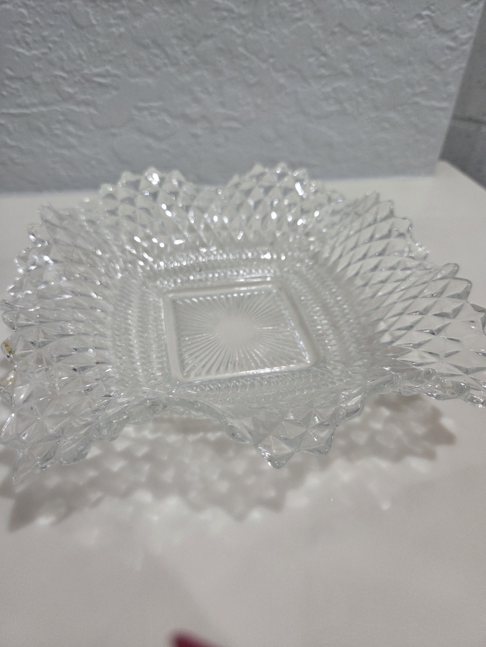 Vtg Indiana Glass Diamond Point Ruffled Edge Candy Dish 1940's